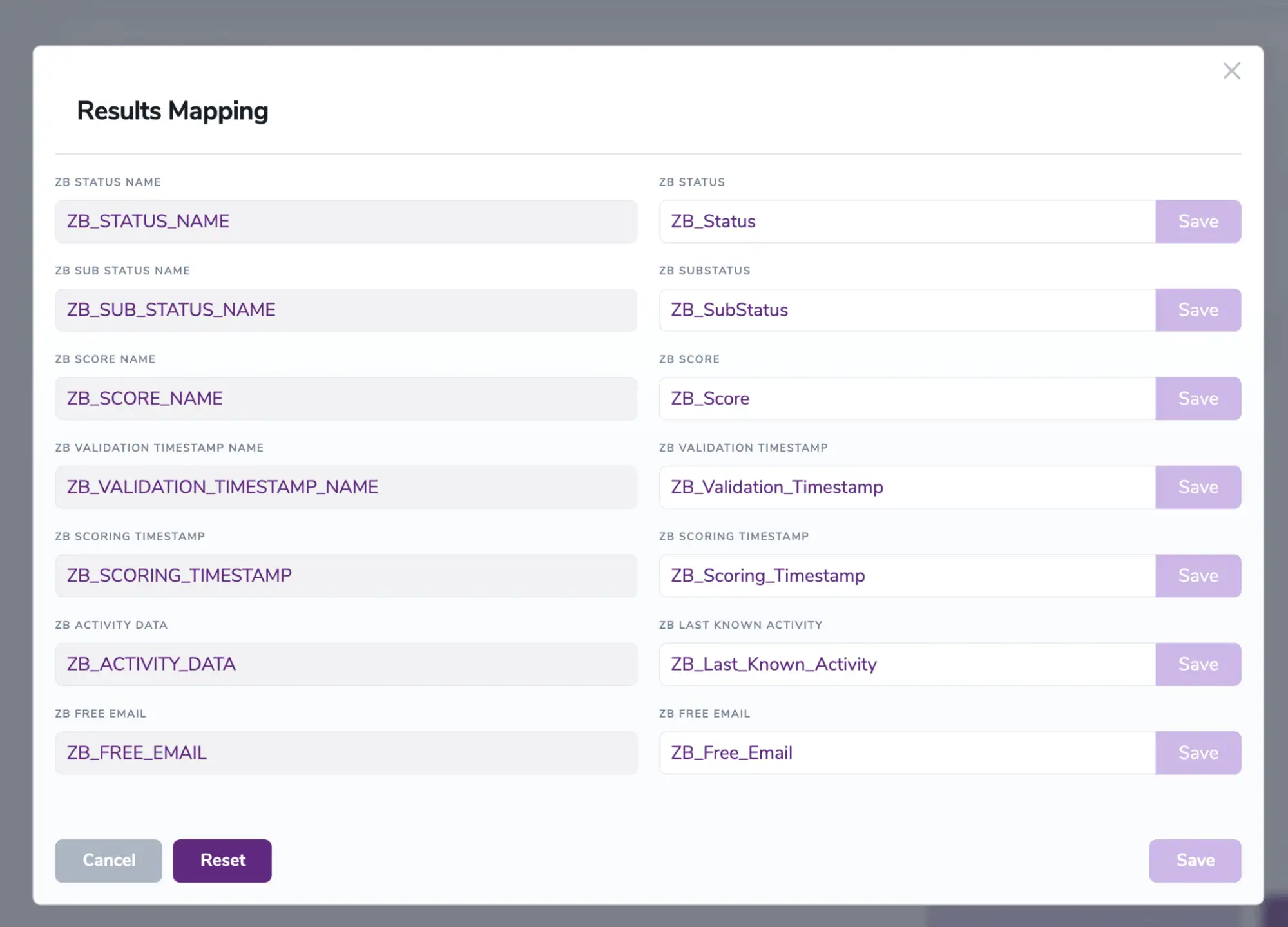 Ventana de mapeo de resultados