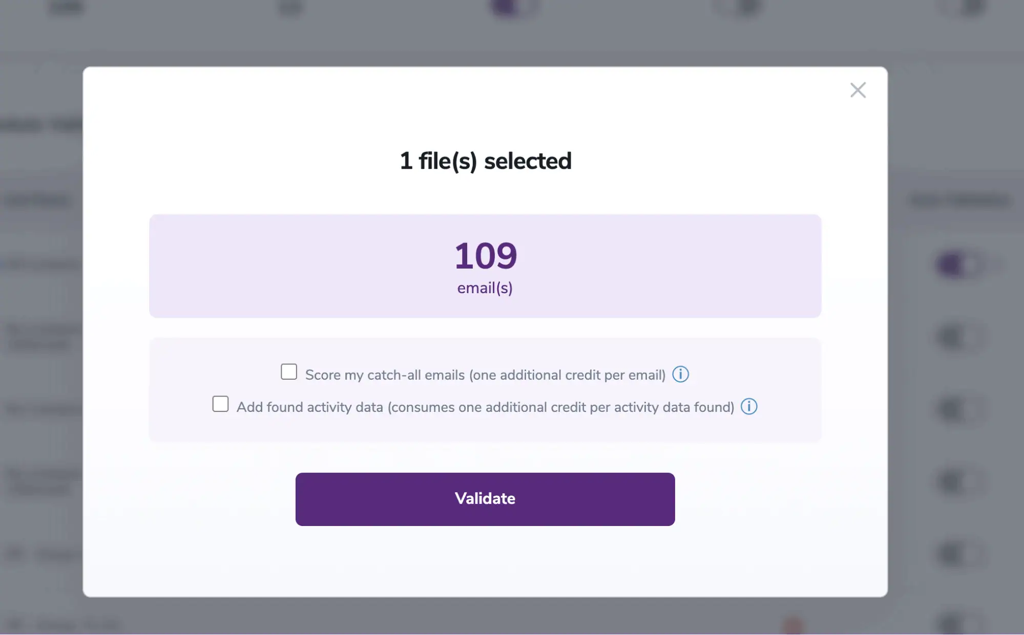 Modal de validación