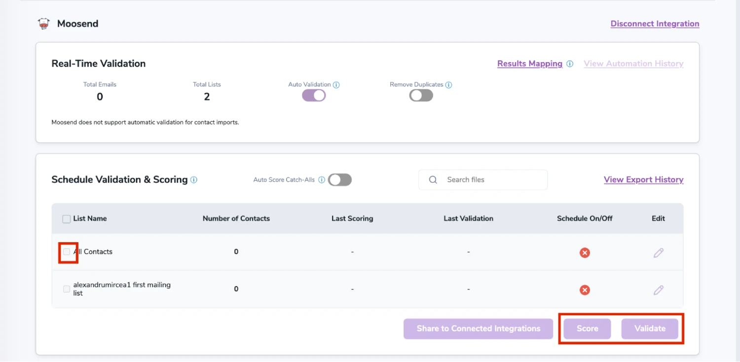 Tras la correcta integración, podrá ver sus listas en su panel de ZeroBounce.