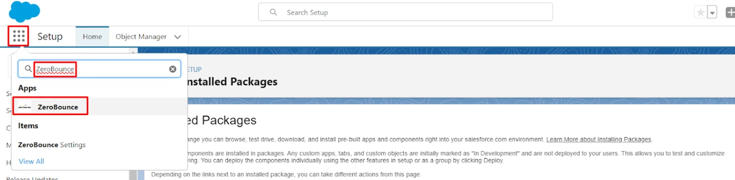 Después de la instalación del paquete, haga clic en el logotipo de AppExchange (9 puntos junto a la configuración) y busque ZeroBounce.
