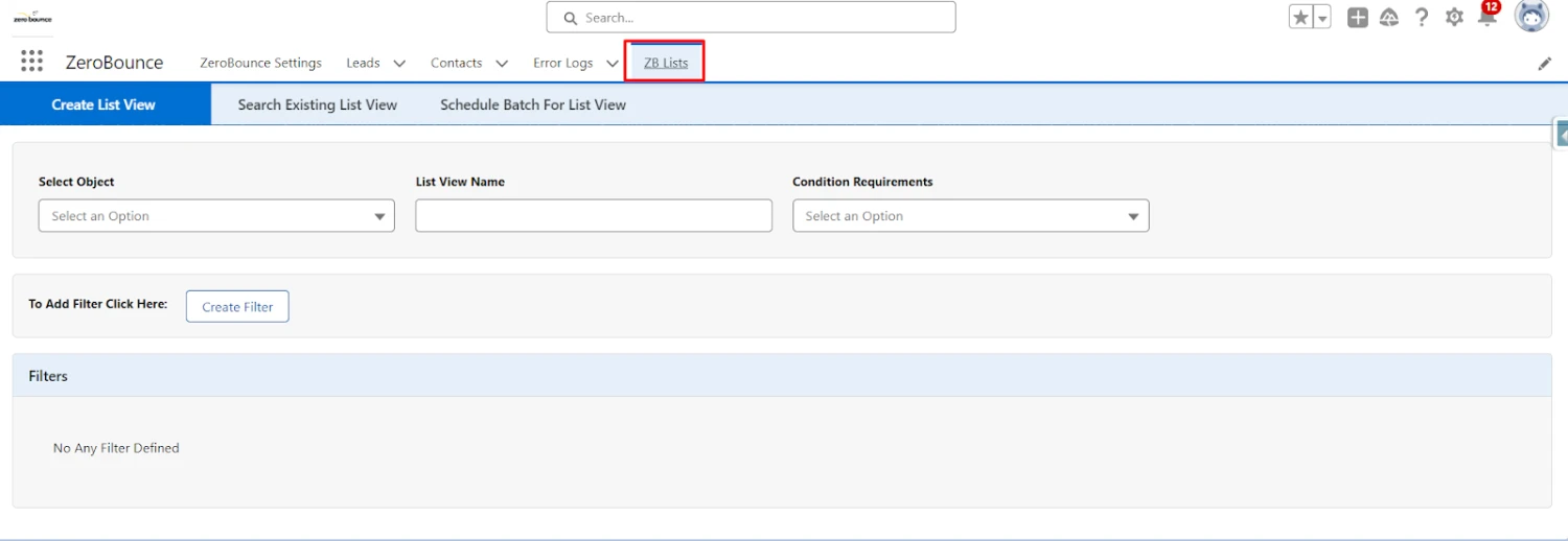 Interfaz de pestañas centrada en la creación de vistas de lista