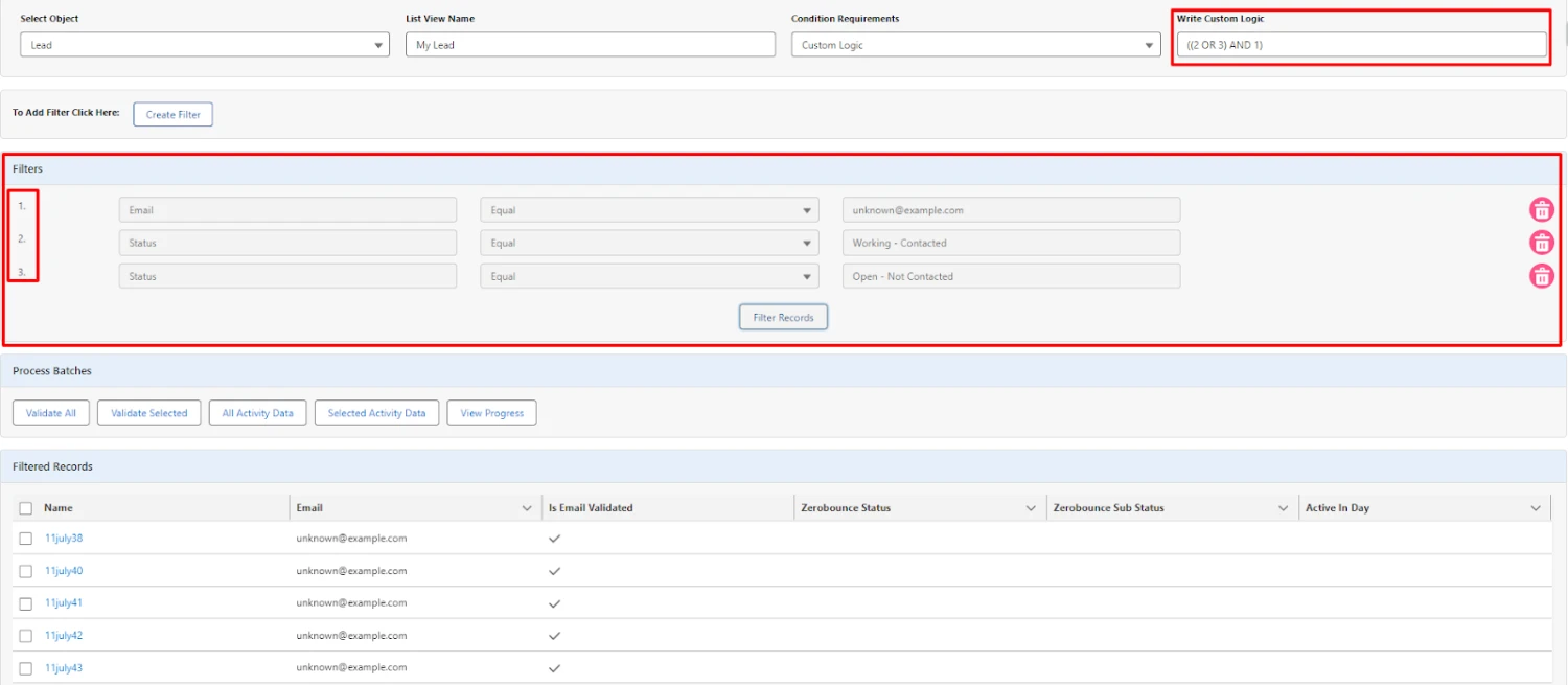 Definir filtro, habilitar 'Escribir lógica personalizada' para consultas complejas