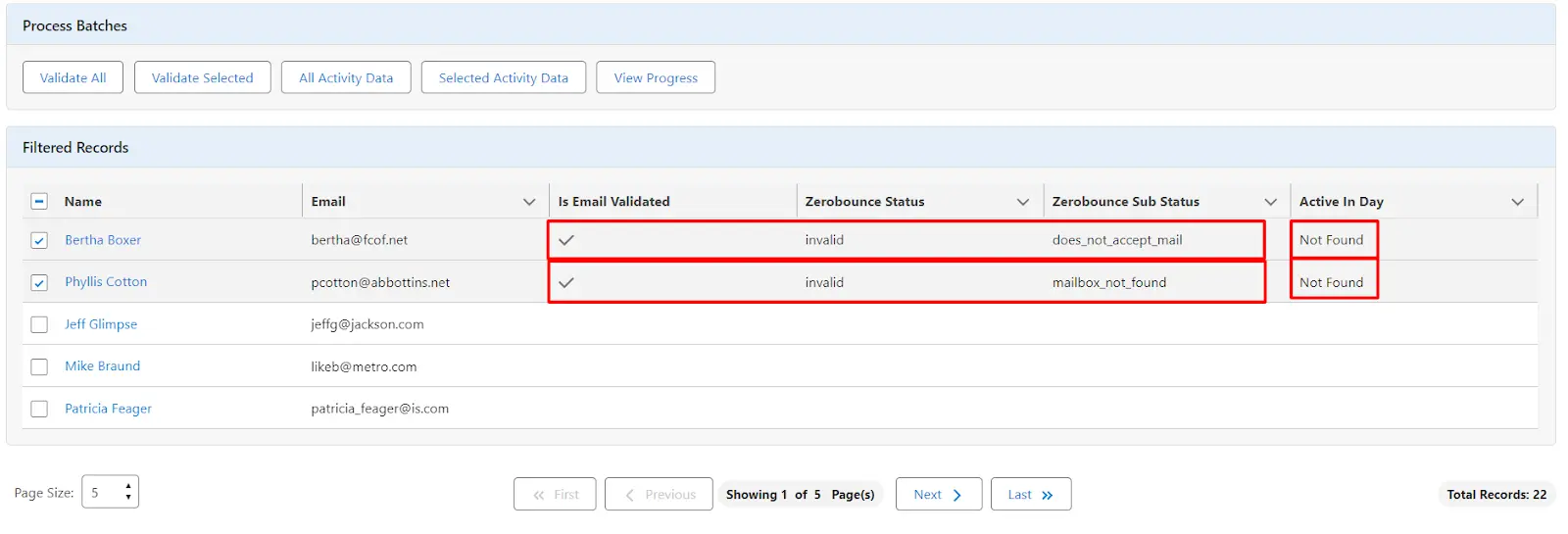 Recuperar datos de actividad: haga clic en 'Datos de actividad seleccionados' para los registros elegidos