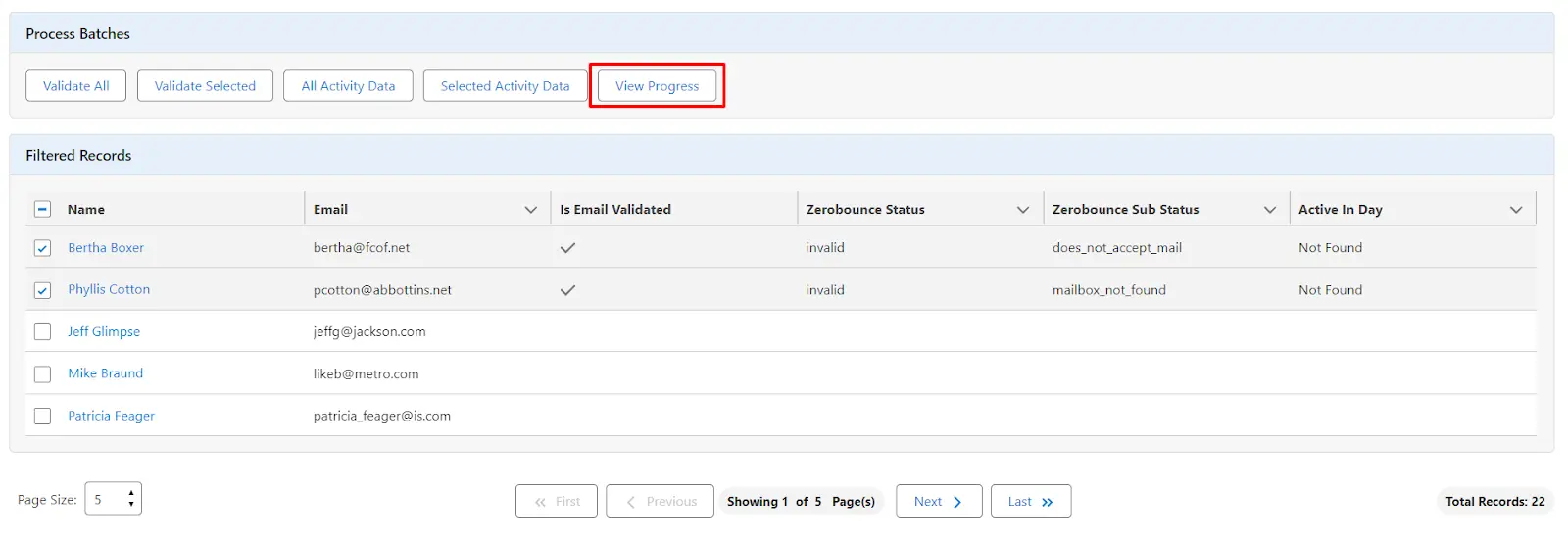 Ver el progreso de Validar todo el lote: haga clic en 'Ver progreso'