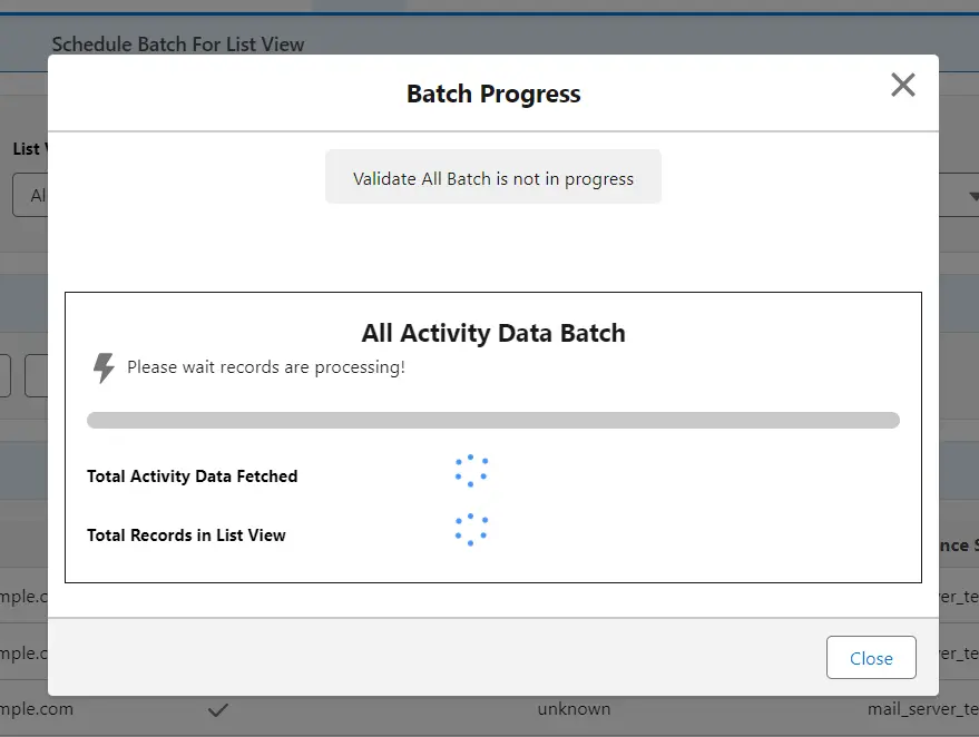 Ver el progreso dentro de la misma ventana emergente después de validar todos los registros