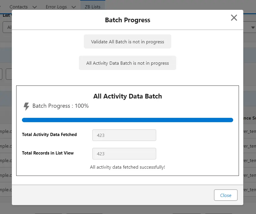 Ver el progreso dentro de la misma ventana emergente después de validar todos los registros