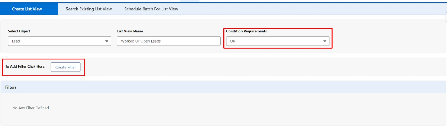 Seleccione 'AND' u 'OR' en el tercer menú desplegable para indicar la definición del filtro a través del botón 'Crear filtro'