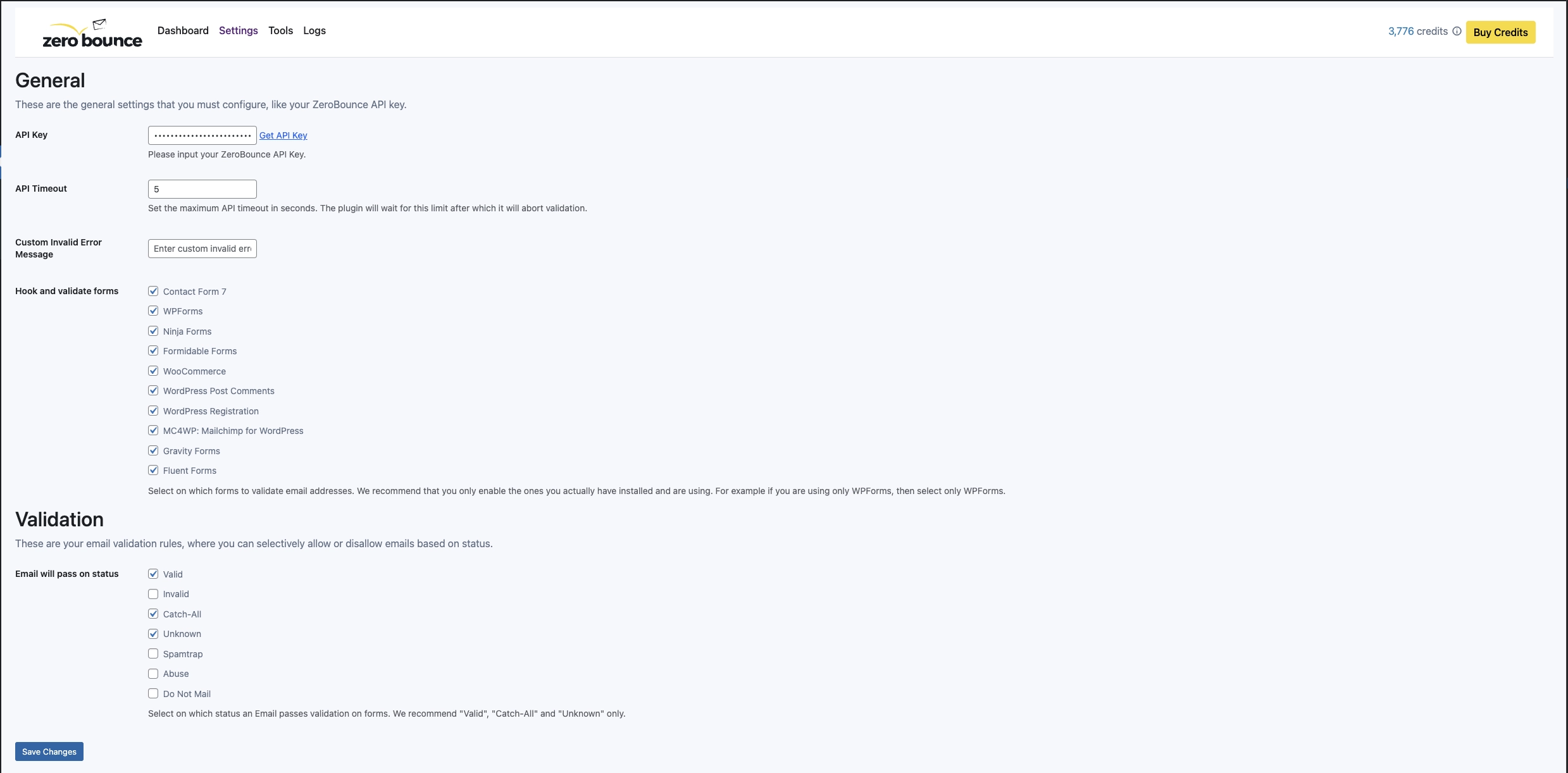 Configuración de validación de correo electrónico de ZeroBounce
