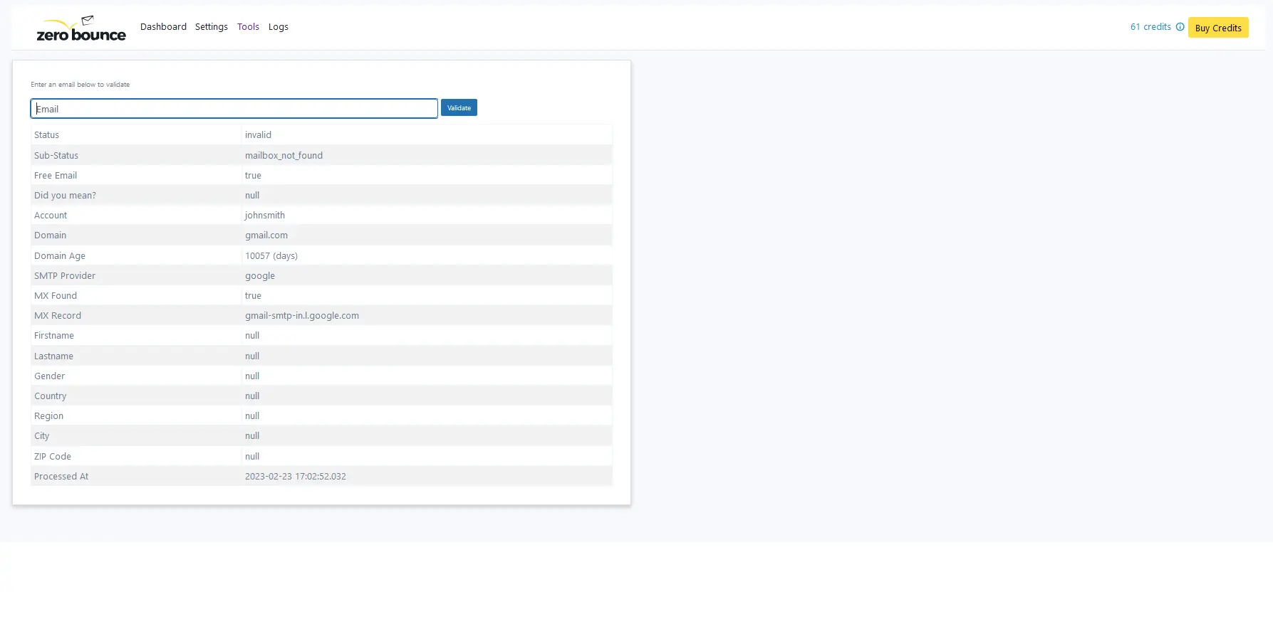 Ejemplo de validación de correo electrónico
