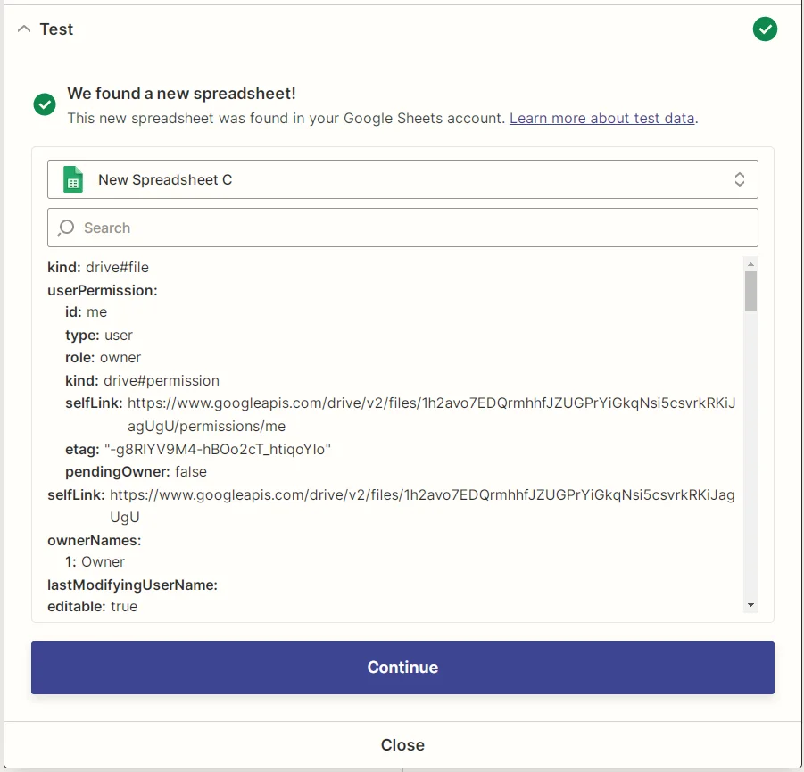 Captura de pantalla del resultado de la prueba de una nueva hoja de cálculo de Google Sheets de Zapier