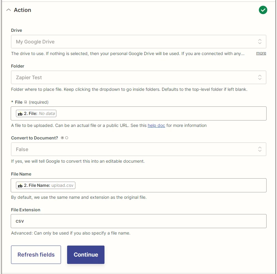 Captura de pantalla de los parámetros de Cargar archivo de Google Drive de Zapier