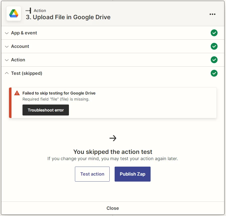 Captura de pantalla de la publicación de un Zap de Zapier