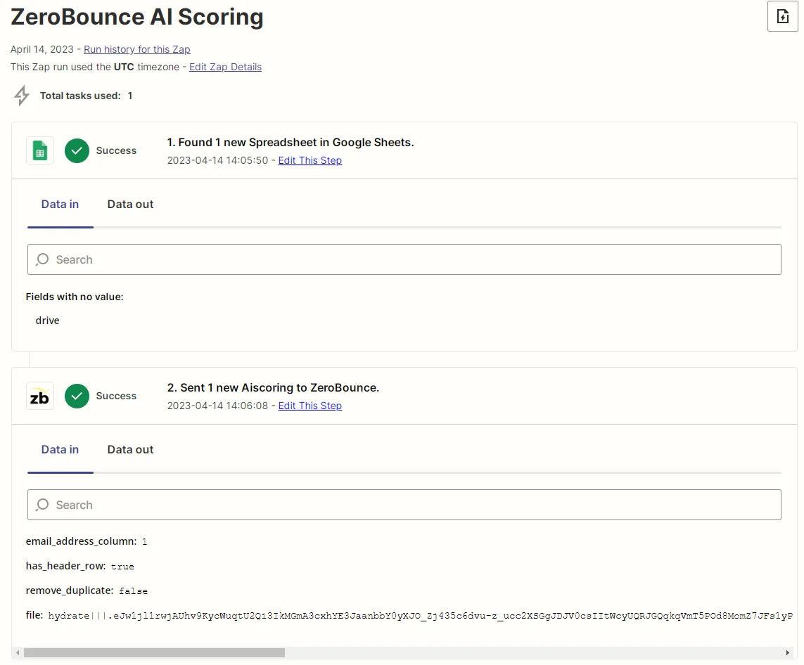 Captura de pantalla de datos de un Zap de Zapier
