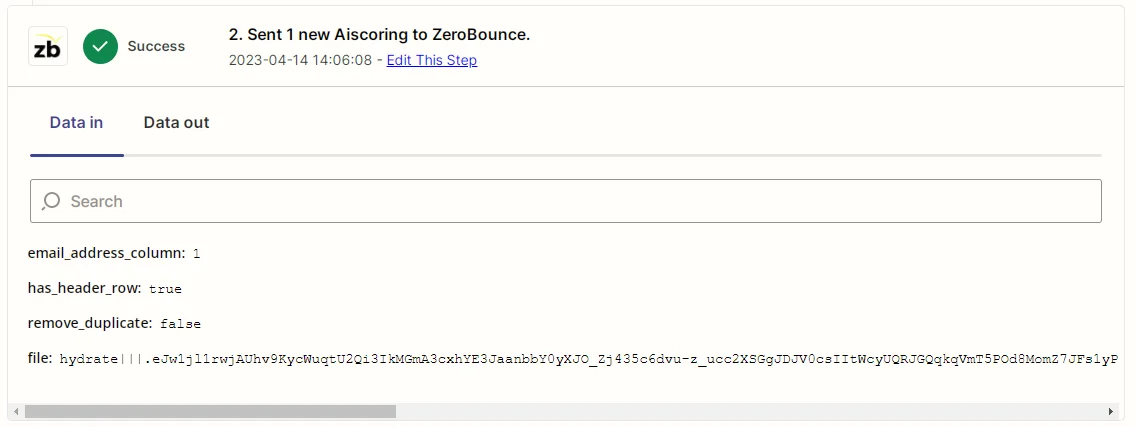 Captura de pantalla de datos de un Zap de Zapier