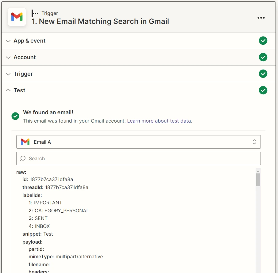 Captura de pantalla del resultado de una prueba de activador de Gmail de Zapier