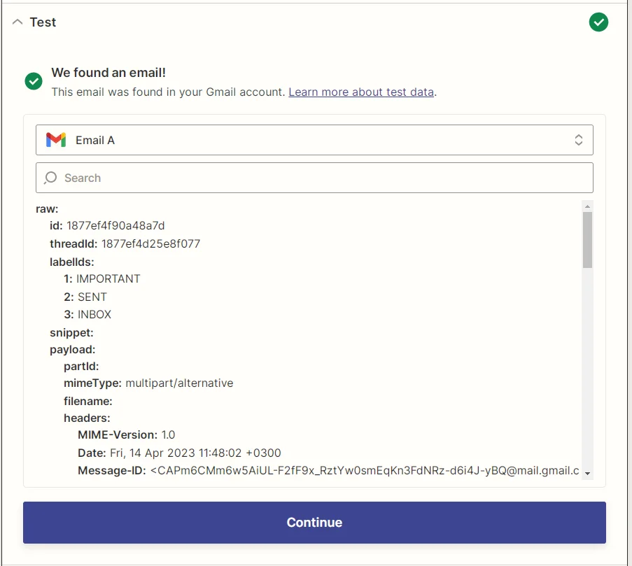 Captura de pantalla de los resultados de una prueba de activador de Gmail de Zapier