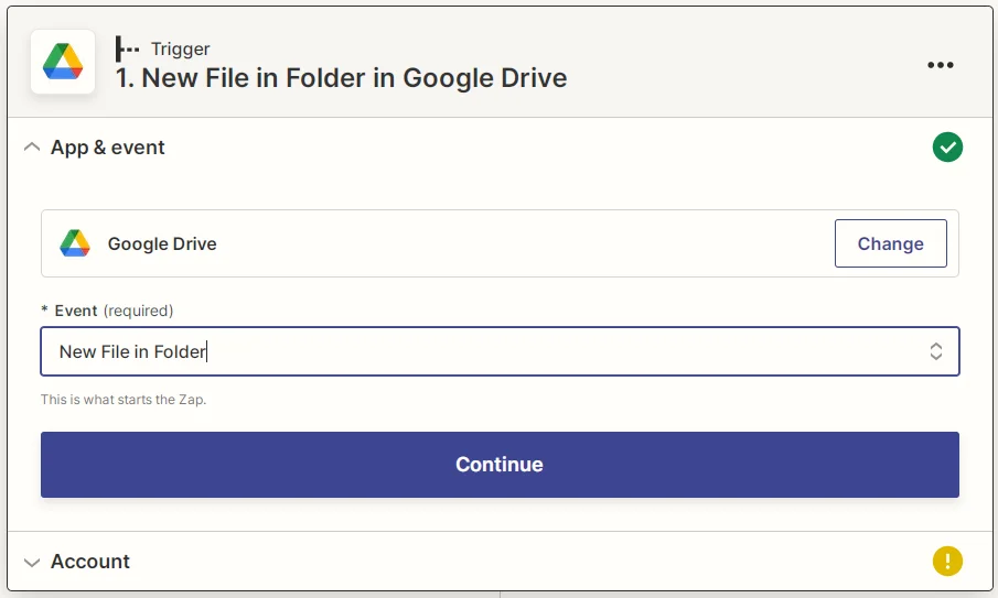 Captura de pantalla que muestra cómo crear el evento Nuevo archivo en carpeta para Google Drive de Zapier