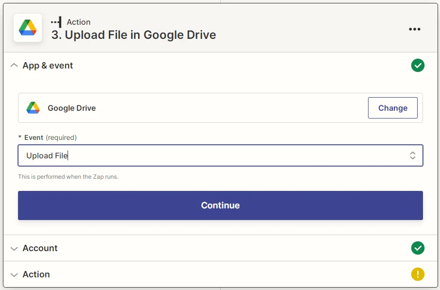 Captura de pantalla de Cargar archivo de Google Drive de Zapier