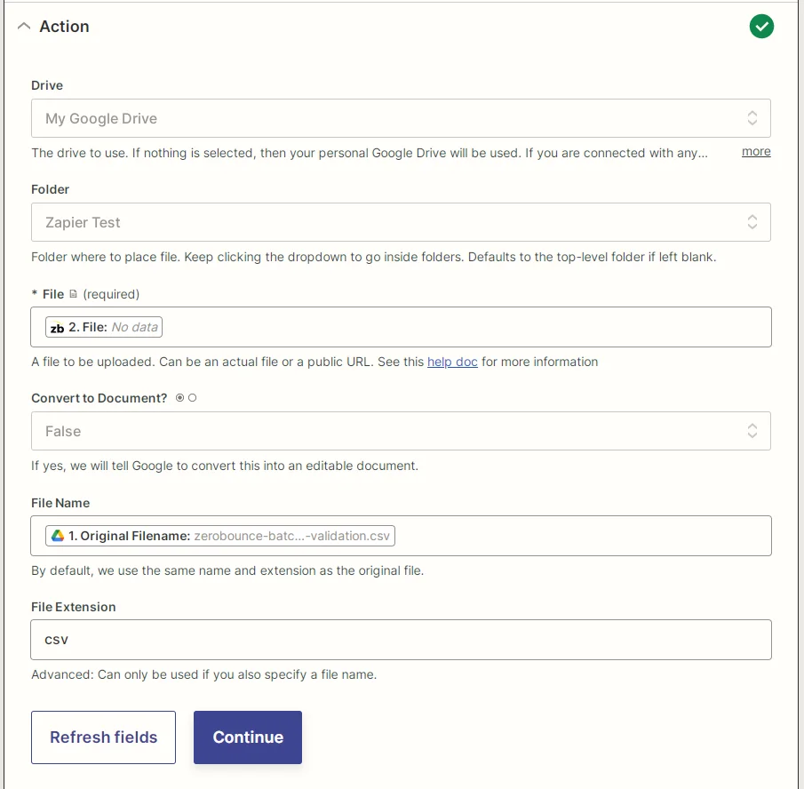 Captura de pantalla de los parámetros de Cargar archivo de Google Drive de Zapier