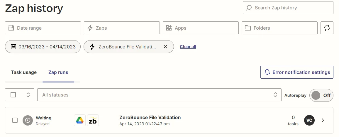Captura de pantalla del historial de un Zap de Zapier