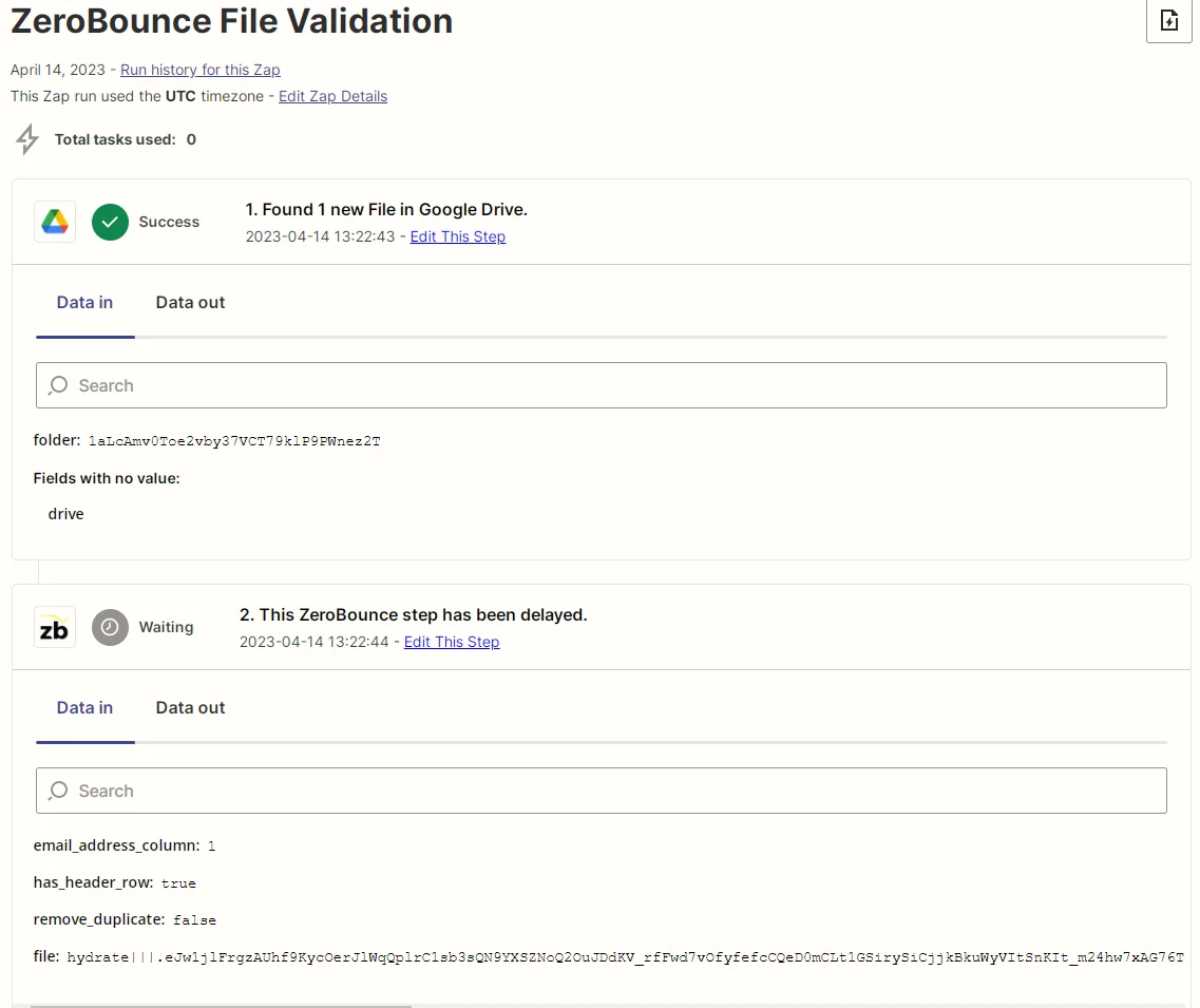 Captura de pantalla de datos de ingreso de un Zap de Zapier