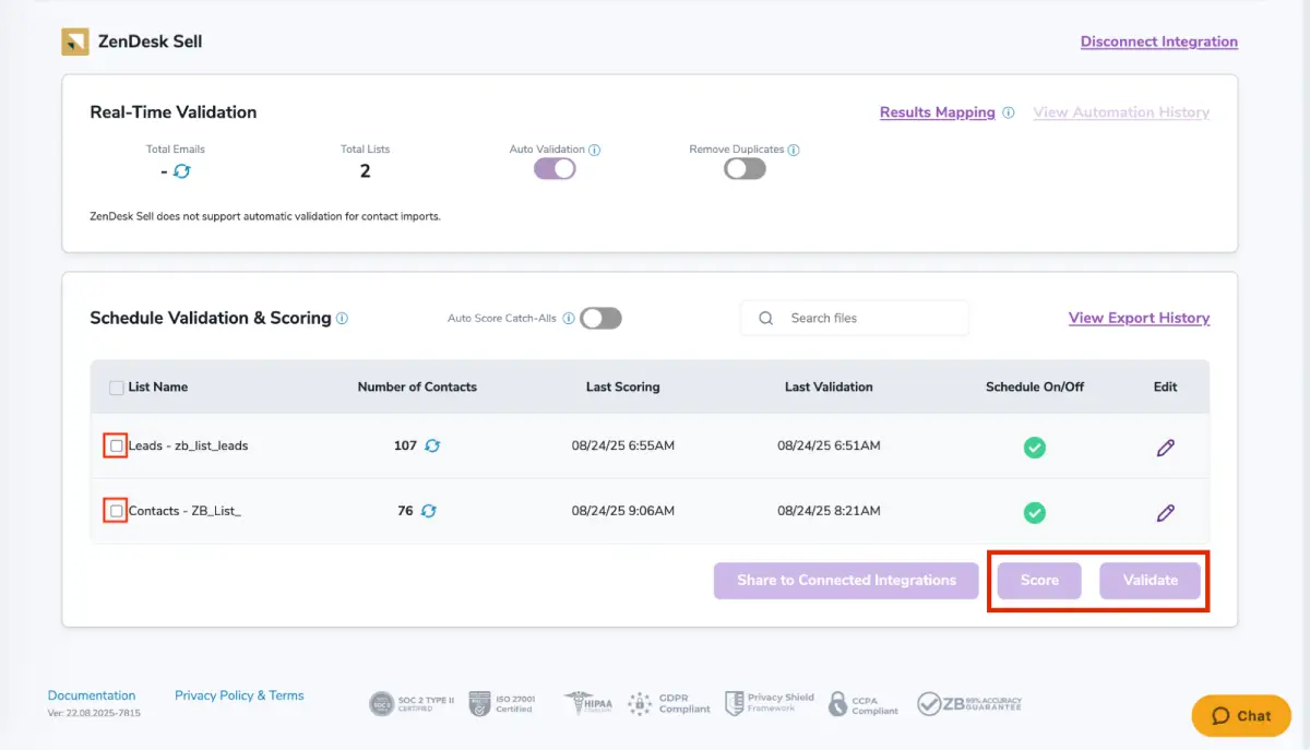Después de una integración exitosa, podrás ver tus listas en tu panel de ZeroBounce.