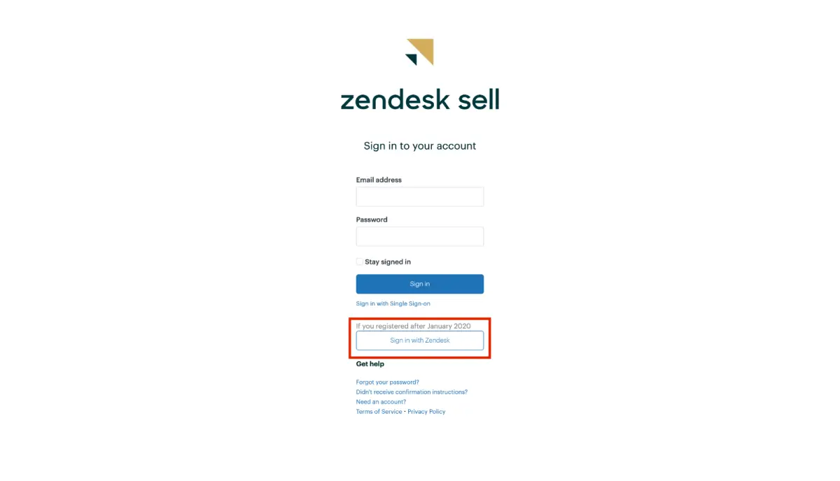 Página de autenticación de Zendesk Sell