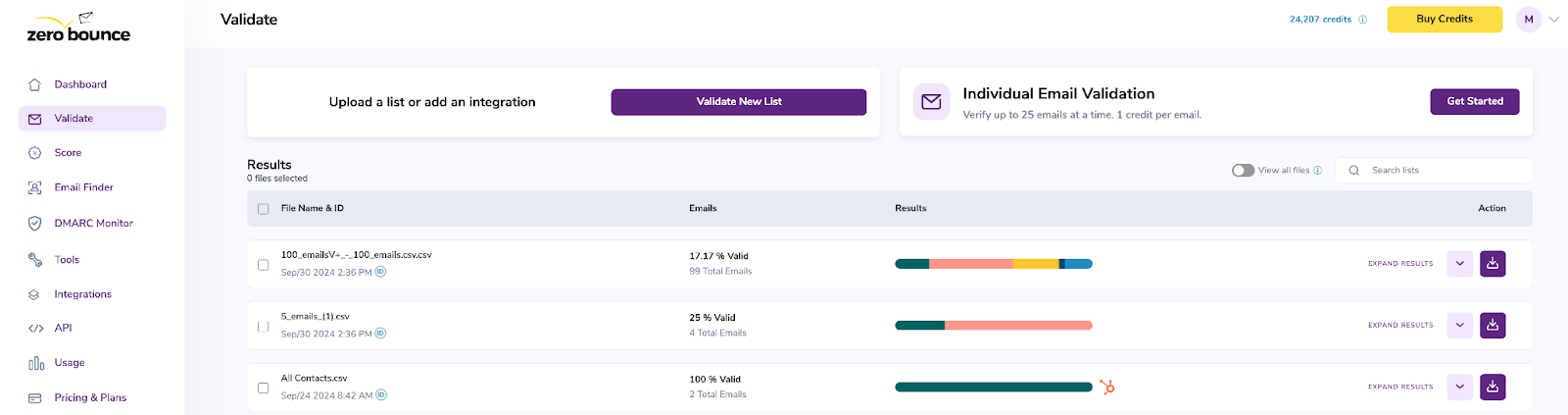 Página de resultados de Validación de Correo Electrónico