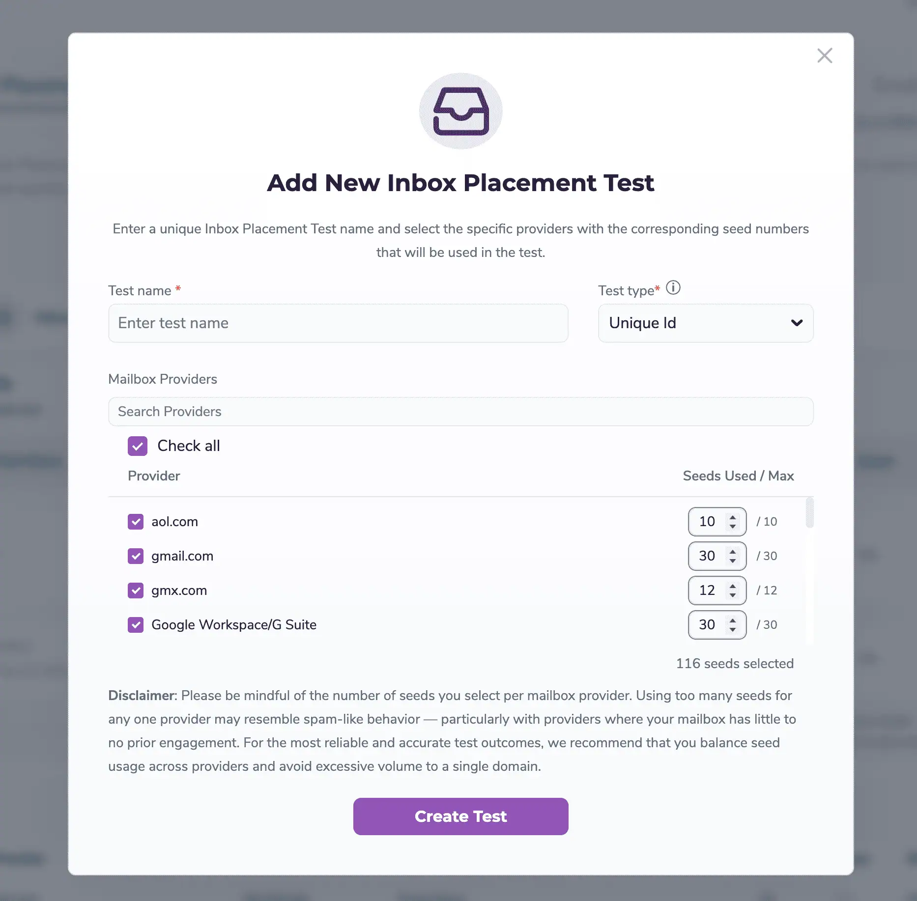 Introduce un nombre de prueba único. Selecciona el tipo de prueba - ID único