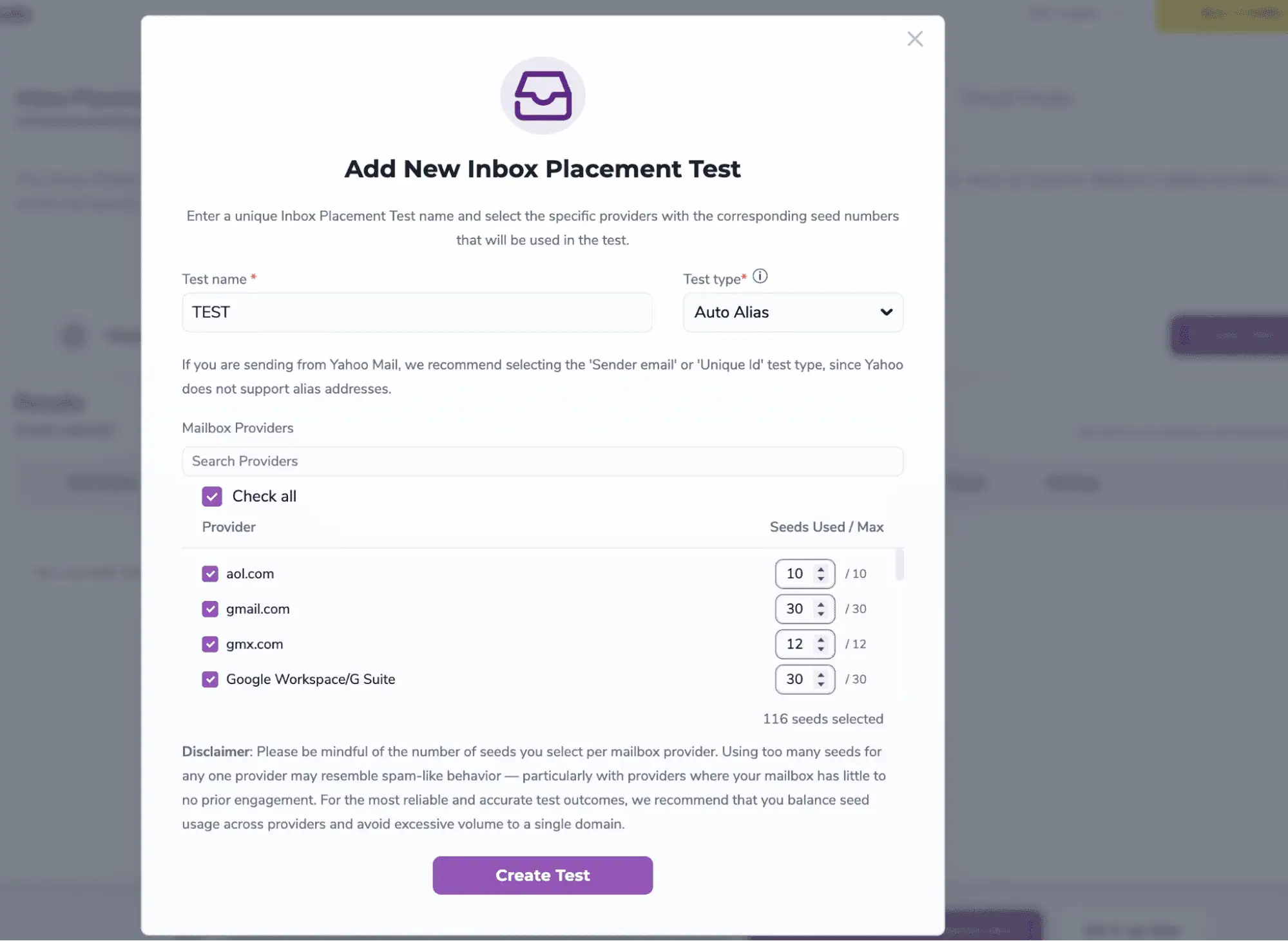 Introduce un nombre de prueba único. Selecciona el tipo de prueba - Alias automático NOTA: Si envías desde Yahoo Mail, recomendamos seleccionar el tipo de prueba 'Sender email' o 'Unique Id', ya que Yahoo no admite direcciones alias.