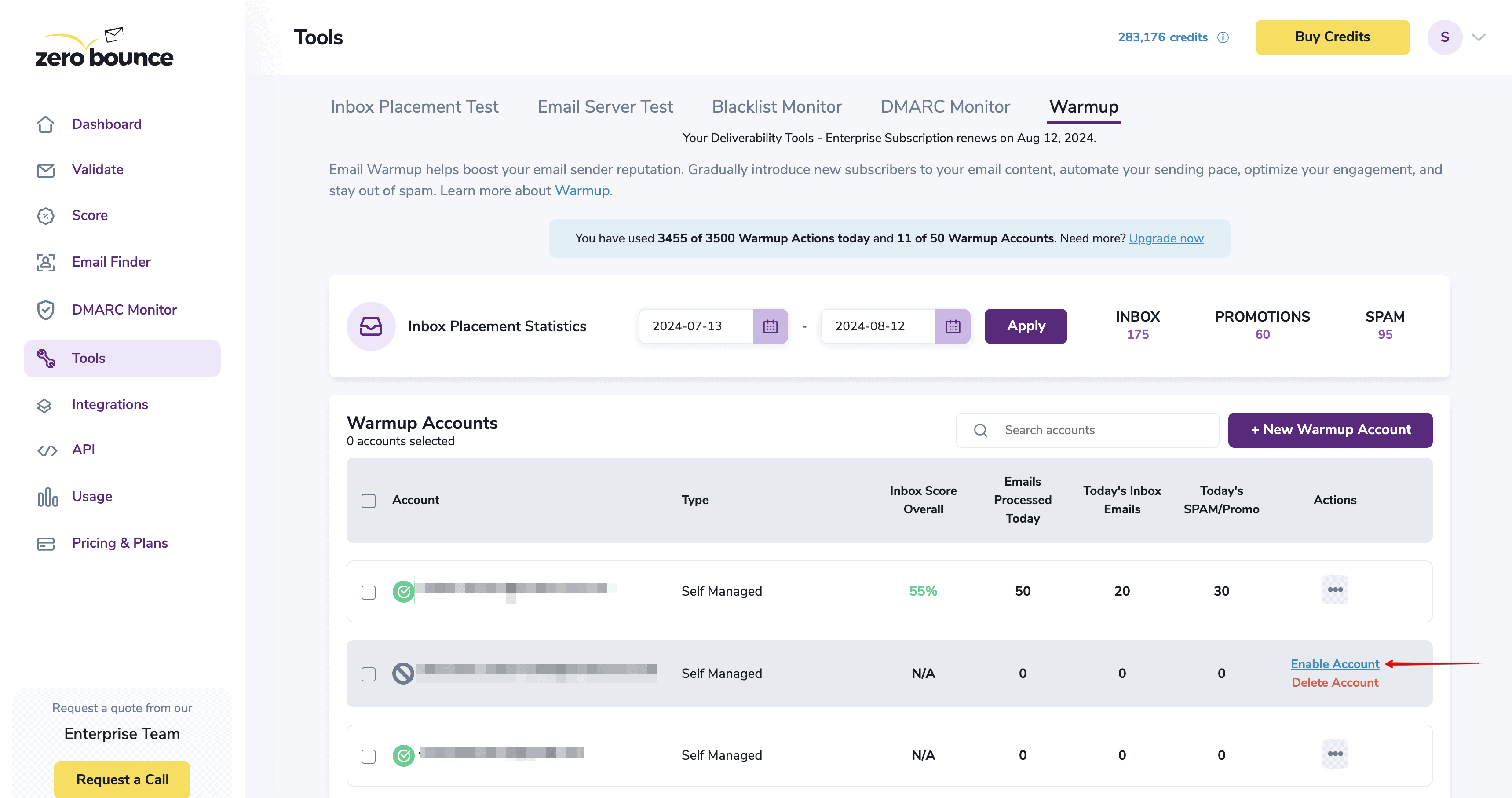 Panel de preparación de ZeroBounce que muestra el botón 'Enable Account'