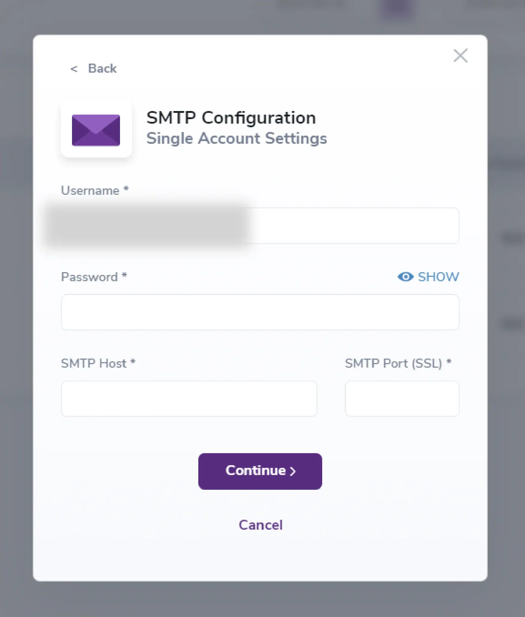 Modal que muestra la configuración del setup de SMTP.