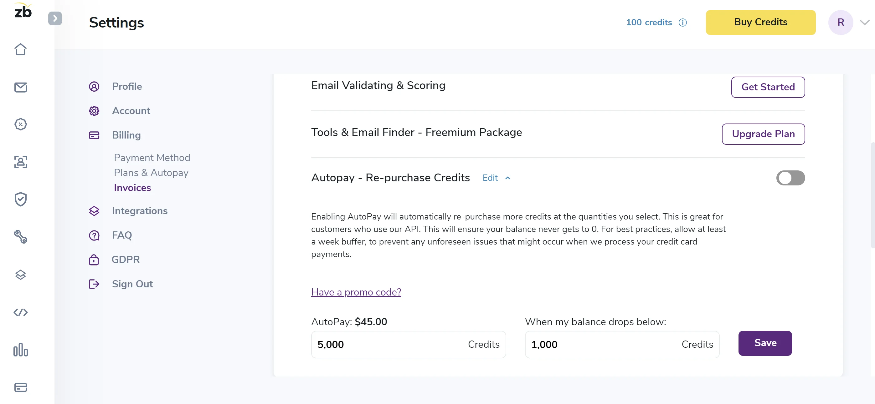 Captura de pantalla de la configuración de pago automático (Autopay) de ZeroBounce.