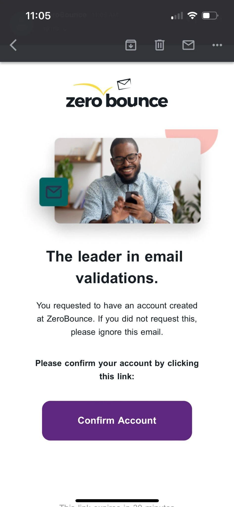 Correo electrónico de confirmación de registro de cuenta de ZeroBounce