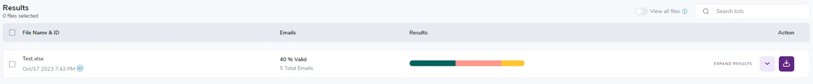 El panel de verificación masiva de ZeroBounce con un archivo y los resultados correspondientes