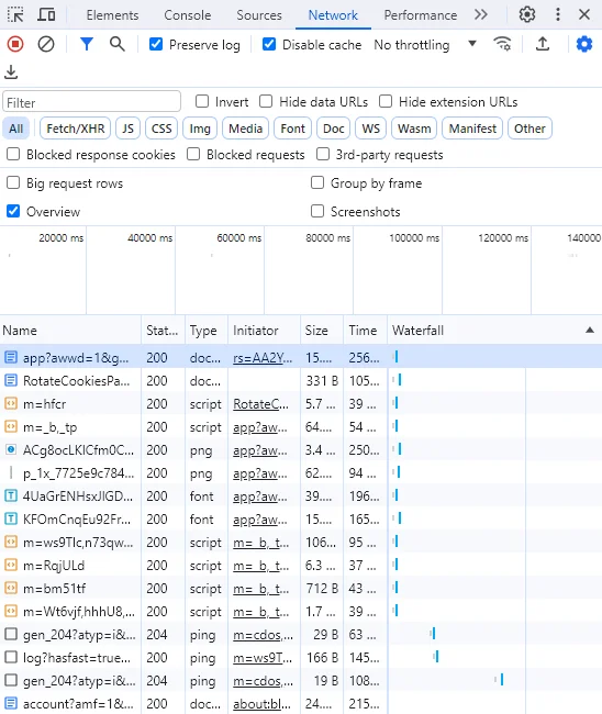 Pestaña de Network en las herramientas de desarrollador de Google Chrome