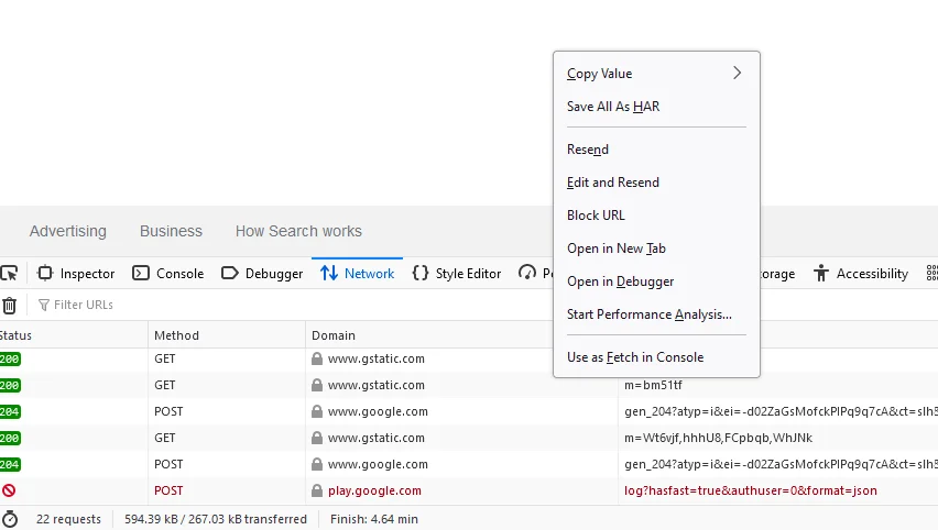 Menú de la pestaña Network en Firefox mostrando la opción “Save all as HAR”