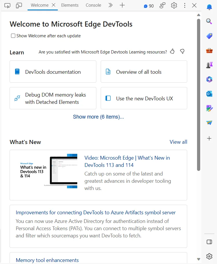 Menú principal de las herramientas de desarrollador de Microsoft Edge