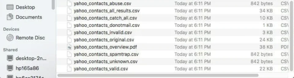 Archivo de resultados de validación de correo electrónico de ZeroBounce descomprimido en una ventana del Finder de Mac OS