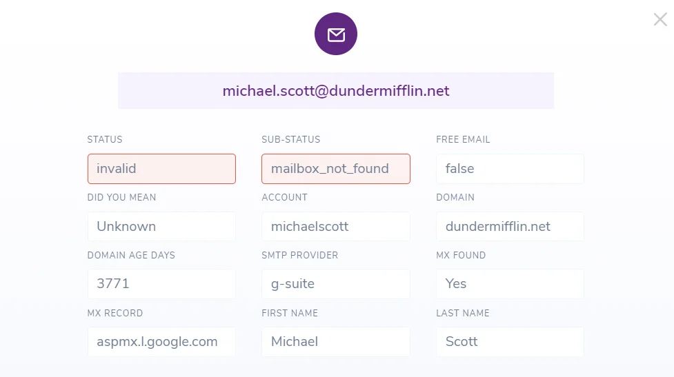 Captura de pantalla de una dirección de correo electrónico validada, incluidos los datos añadidos