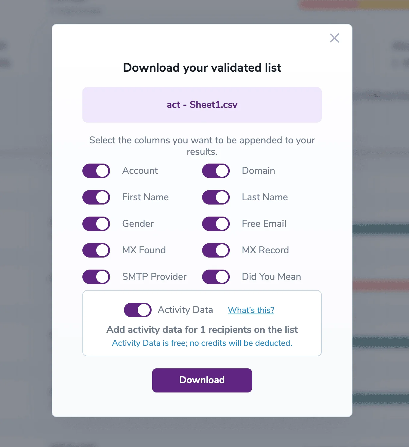 Pantalla de descarga de resultados con las opciones de datos adicionales