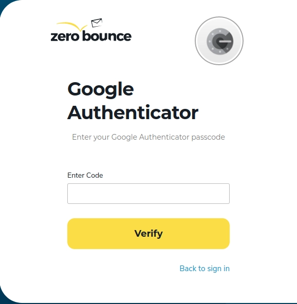 Campo para insertar el código del Autenticador de Google para su cuenta de ZeroBounce