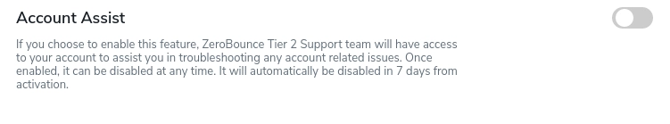 Interruptor de alternancia de la opción Asistencia de cuenta en la configuración de su cuenta de ZeroBounce