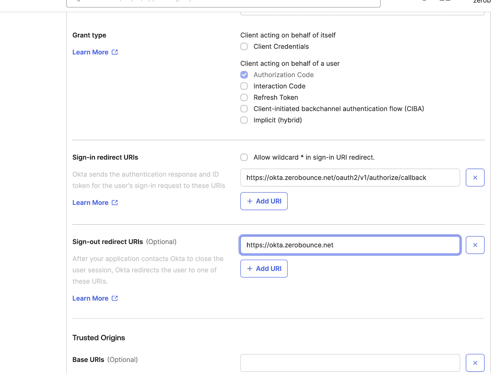 Menú de creación de aplicaciones de Okta con el URL de redireccionamiento de inicio de sesión: https://okta.zerobounce.net/oauth2/v1/authorize/callback y URL de redireccionamiento de cierre de sesión https://okta.zerobounce.net