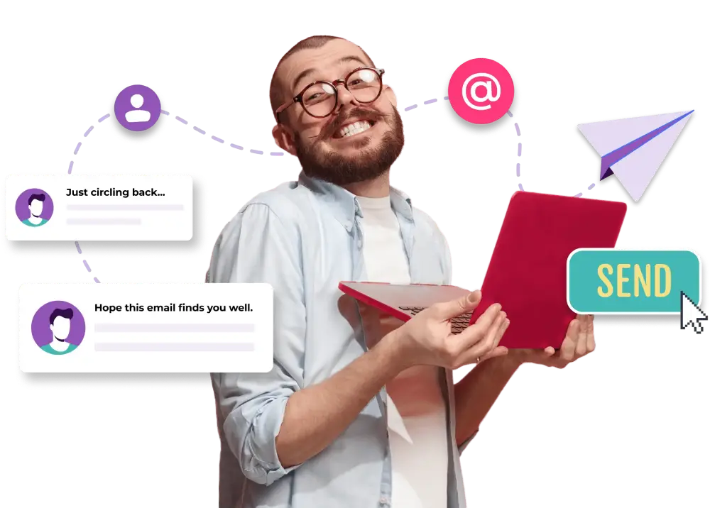 Smiling young man holding a red laptop with design elements on purple background illustrating the most commonly used buzzwords in email communication