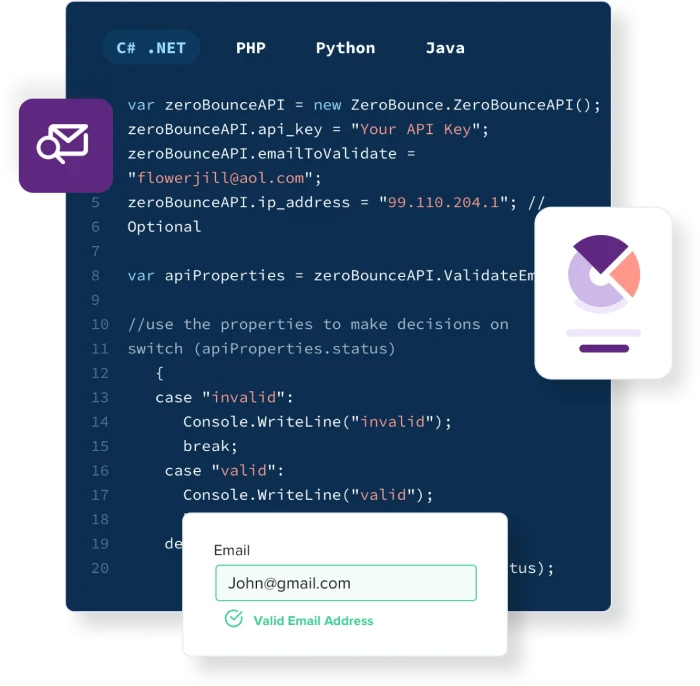 Screenshot of a sample of the ZeroBounce API code in C# with a valid email address