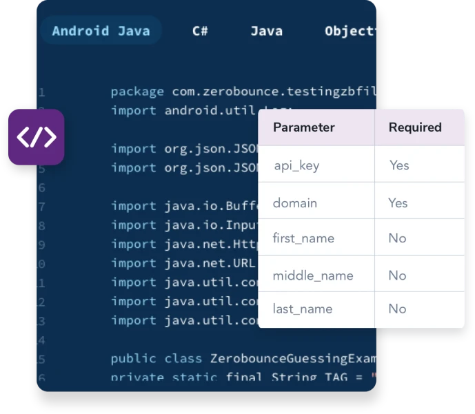 ZeroBounce Email Finder API code sample in Java with required parameters