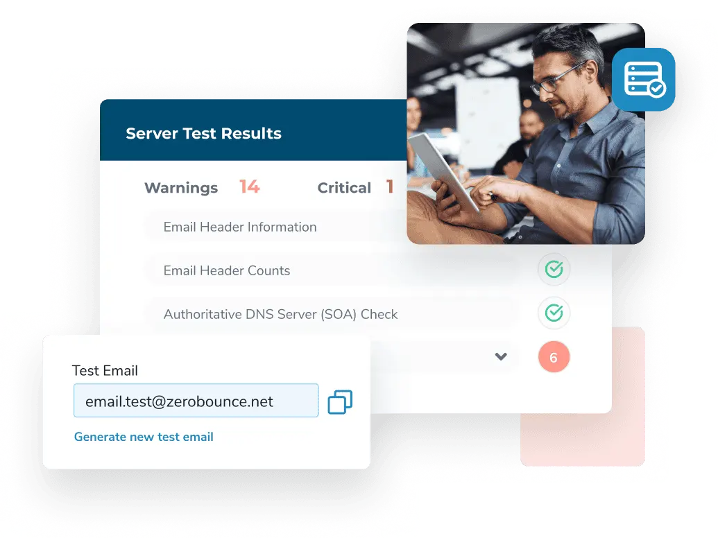 A man touches his tablet and looks at the email server test results, which show 14 warnings and 1 critical alert.