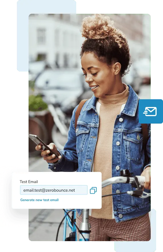 A woman outdoors stands next to her bike and generates a test email to conduct an email server test.