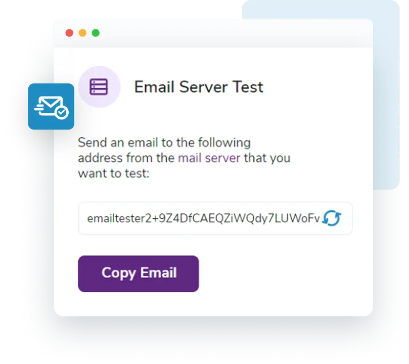 A sample email server test with introductory instructions on how to send an email to a newly generated email address.